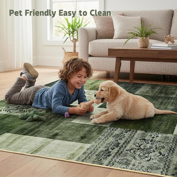 DweIke Washable Area Rugs 6x9 for Living Room, Large Modern Geometric Green Soft Patchwork Carpet, Non-Slip Stain Resistant Throw Rug for Bedroom Dining Room Office Home Decor