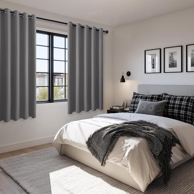 Hiasan Blackout Curtains for Bedroom, 60 x 63 Inches Length - Thermal Insulated & Light Blocking Window Curtains for Living Room, 2 Drape Panels Sewn with Tiebacks, Light Grey