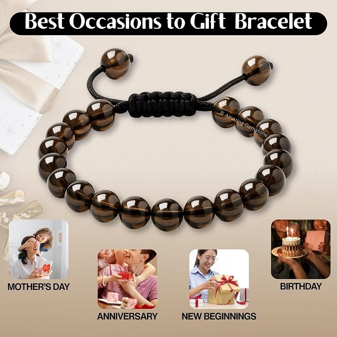 Amazing Gemstone Smoky Quartz Bracelet for Women Men's Gifts - Protection Healing Crystal Bracelet - 8mm Gemstone Beaded Adjustable Bracelet