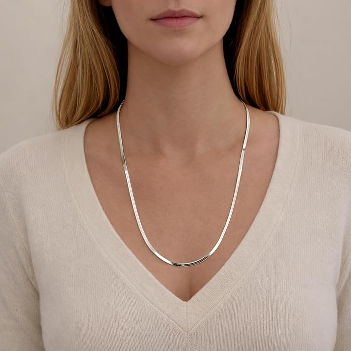 WomenGifts 14K Gold Silver Plated Herringbone Necklace for Women, Dainty Snake Chain Choker, Trendy Simple Long Layered Jewelry Non Tarnish, 3/4/5/8mm,14,16,18,20,22,24,26 Inch Thin & Chunky Options