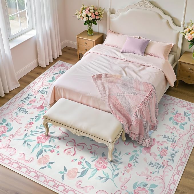 Collive Pink 8X10 Rugs for Living Room, 8x10 Bow and Floral Washable Area Rug Non Slip, Soft Boho Indoor Decor Elegant Carpet for Bedroom Kids Room Nursery Dining Room
