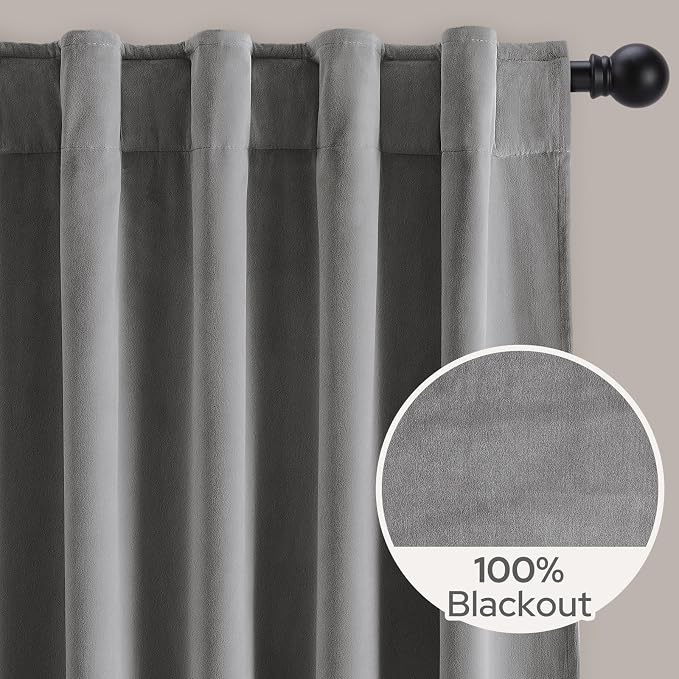 HOMEIDEAS 100% Blackout Silver Grey Velvet Curtains, Thermal Insulated Luxury Velvet Drapes for Bedroom, Living Room, Modern Farmhouse Decor, 52 x 108 Inch, 2 Panels