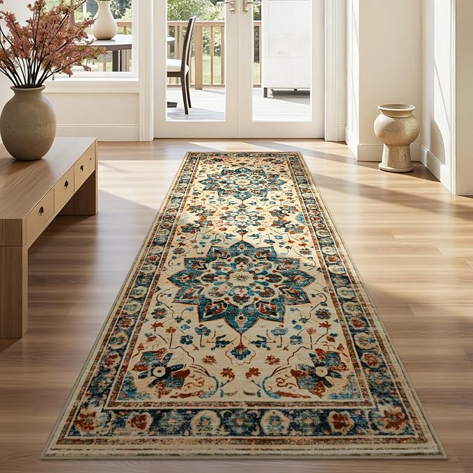 Joydeco Washable 2x6 Hallway Runner Vintage, Beige & Blue & Reddish-Brown | Water Resistant Low Pile Non Slip Backing for Kitchen Entryway Bedroom Bathroom Dining Room