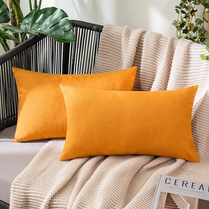 MIULEE Pack of 2 Decorative Outdoor Solid Waterproof Throw Pillow Covers Faux Linen Garden Farmhouse Cushion Cases for Summer Patio Tent Balcony Couch Sofa 20x12 Inch Pumpkin Orange