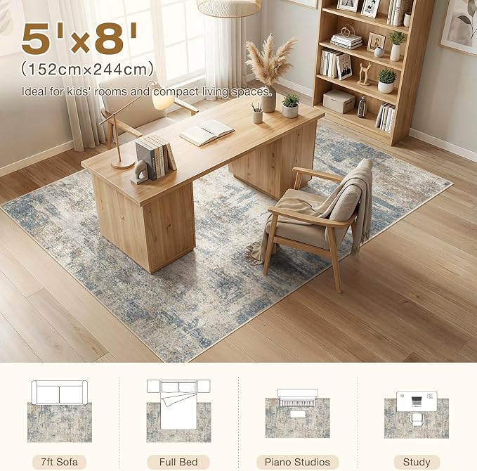 cotiled 5x8 Area Rug Abstract Soft Non Slip Washable Rugs for Living Room | Stain Resistant, Robot Vacuum & Pet Friendly, Low-pile, For Living Room, Bedroom, Dining Table, Nursery Light Blue