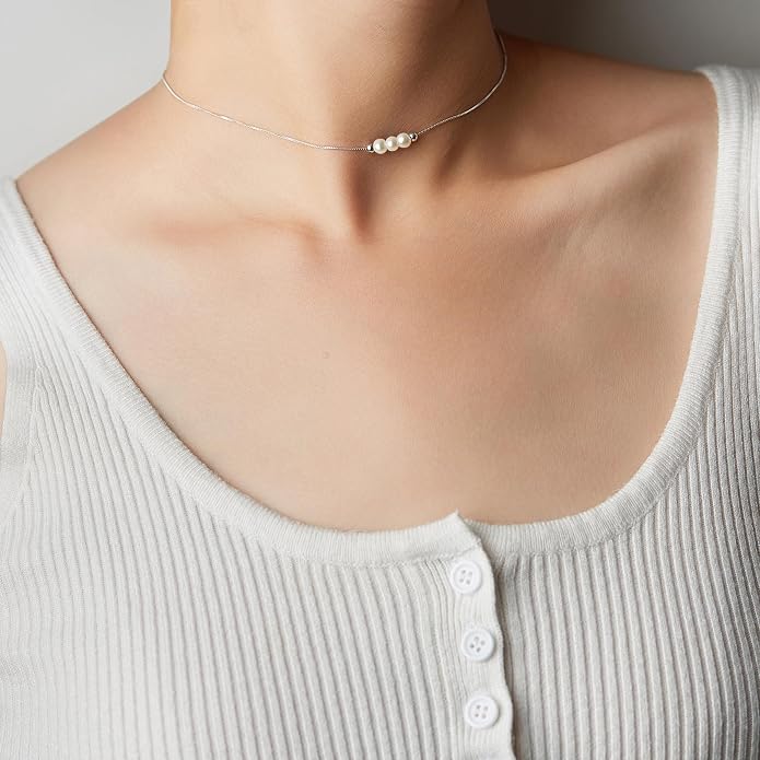 Dainty Crystal 925 Sterling Silver Choker Collar Necklace Handmade With 3 Beads Birthstone Jewelry Gifts for Women Young Lady Mother Friends Keenove