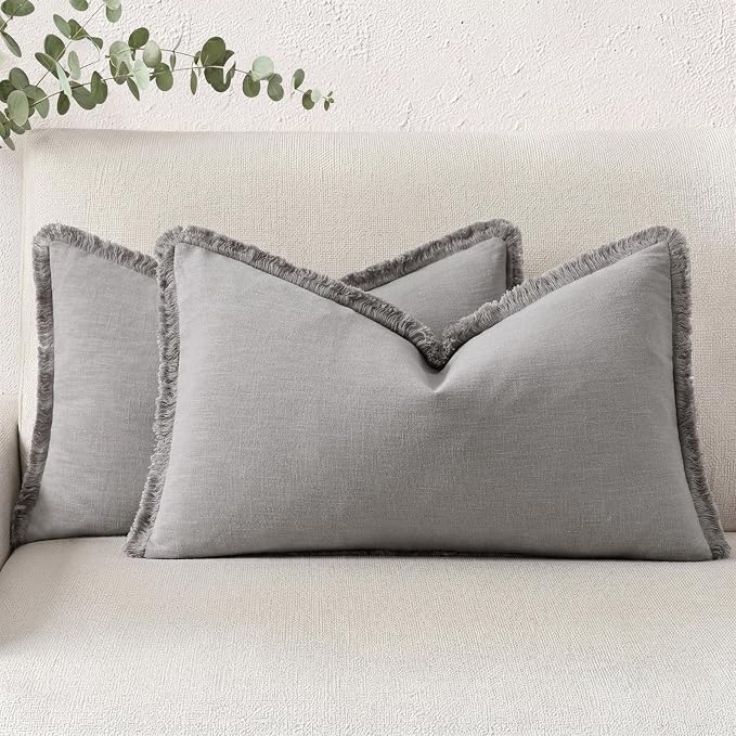 decorUhome Linen Fringe Light Grey Throw Pillow Covers 12x20 Set of 2 | Decorative Soft Accent Modern Boho Farmhouse Lumbar Cushion Covers with Tassels Cotton Pillow Covers for Couch Bed Sofa