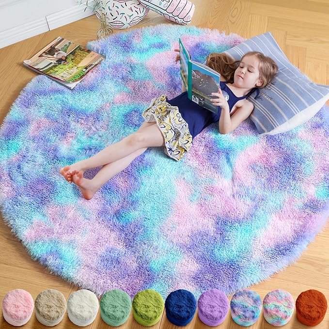 Amdrebio Purple Rainbow Round Rug 4Ft for Bedroom Girls Room Decor, Circular Mermaid Kids Rugs for Playroom Nursery Dorm, Fluffy Furry Cute Shag Carpet, Kawaii Circle Area Rugs for Baby Toddler Teen