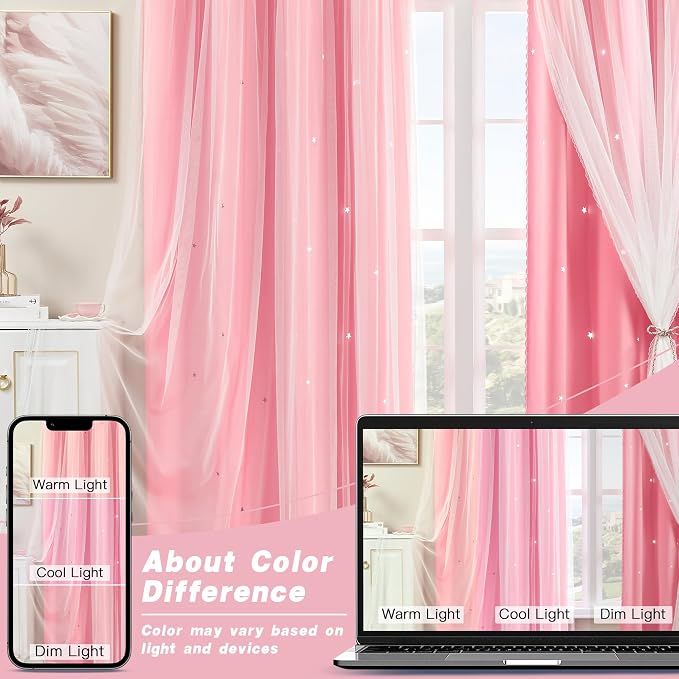 XiDi Pink Curtains with Sheer Overlay for Girls Bedroom 2 Panels Blackout Double Layer Curtains 45 Inches Length for Kids Princess Nursery Room Star Cut Out Grommet Small Window Drapes W42 X L45