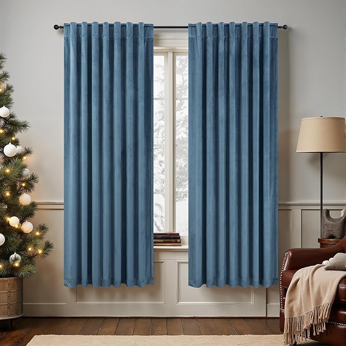 Blue Velvet Curtains 72 Inch Length for Boys Room Back Tab Rod Pocket 2 Panels Noise Reduction Darkening Curtains for Bedroom Living Room French Door Closet Stone Blue Satin Silk Textured 52x72 Long