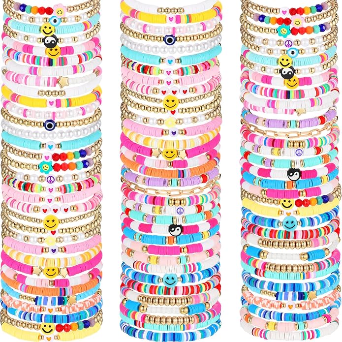 Equsion 100 Pcs Preppy Friendship Bracelets for Women Heishi Surfer Clay Stackable Bead Easter Boho Y2k Bracelets Gifts