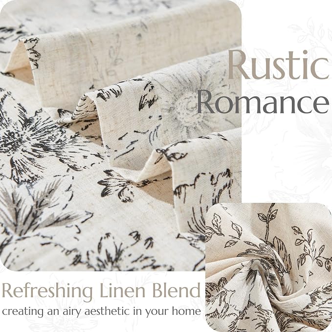 jinchan Black Floral Linen Curtains 63 Inch Farmhouse Back Tab 2 Panels | Light filtering drapes, semi sheer, farmhouse, cottagecore, rustic, living room, bedroom, rod pocket, window treatment