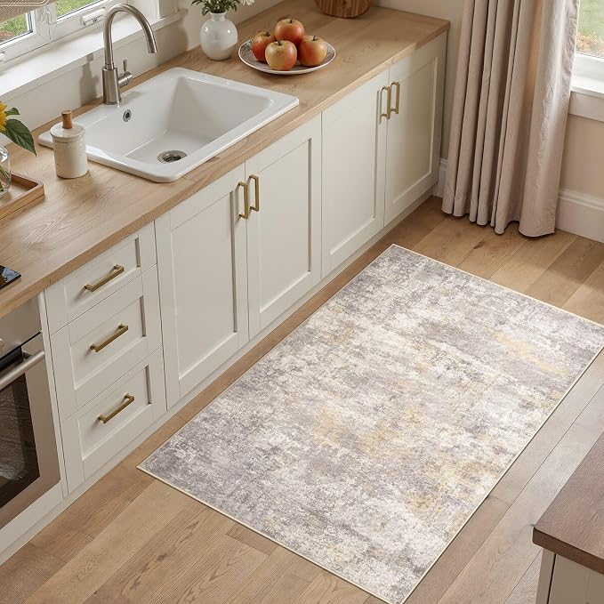 cotiled 3x5 Washable Rug Abstract Soft Non Slip Entryway Rugs | Stain Resistant, Robot Vacuum & Pet Friendly, Low-pile, For Living Room, Bedroom, Dining Table, Nursery Gold/Grey/Brown