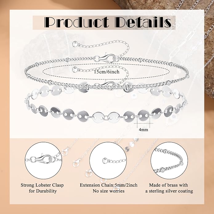 MILACOLATO 925 Sterling Silver Clasp Paperclip Chain Bracelets 14K White Gold Plated Solid Diamond-Cut Paperclip Chain Women Bracelet Adjustable Layered Satellite Beads Bracelets for Women