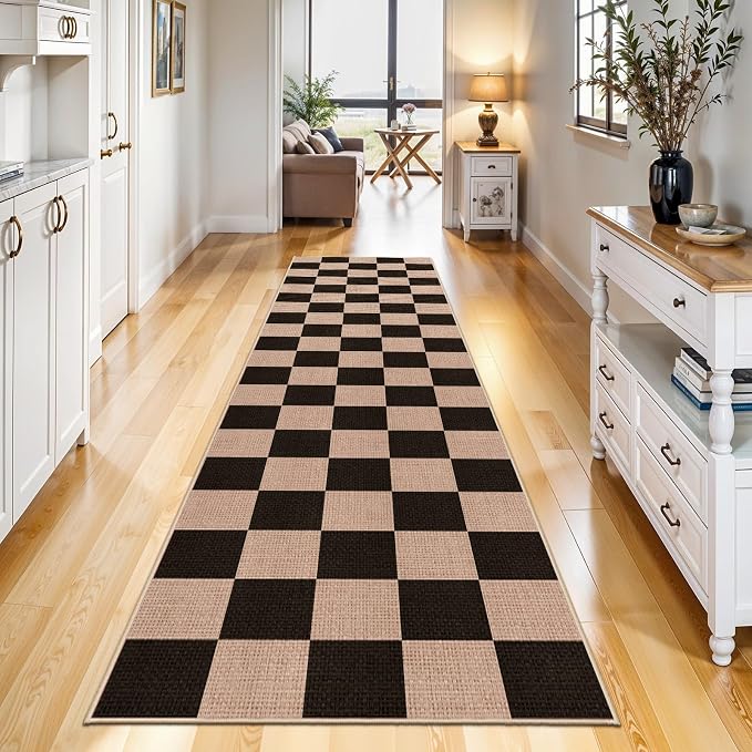 2x8 Checkered Runner Rug Hallway: Washable Faux Jute Indoor Farmhouse Style | Non Slip Backing Narrow Floor Carpet Entryway Kitchen Living Room Bedroom Durable Thin Textured Accent Home Decor (Black,2x8)