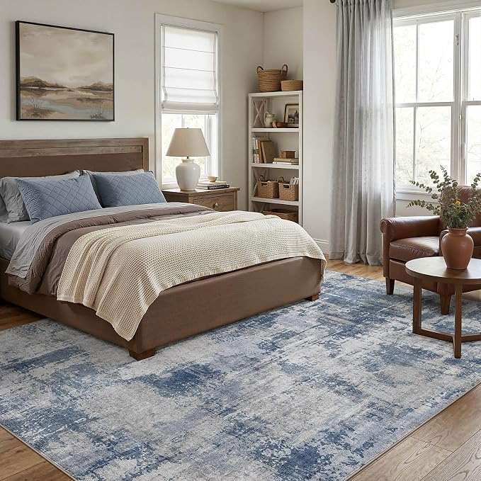 DMOYEST 6x9 Area Rug - Washable & Non Slip Indoor Rug for Living Room, Kid & Pet Friendly Abstract Low Pile Soft Carpet for Bedroom and Dining Room - Dark Blue