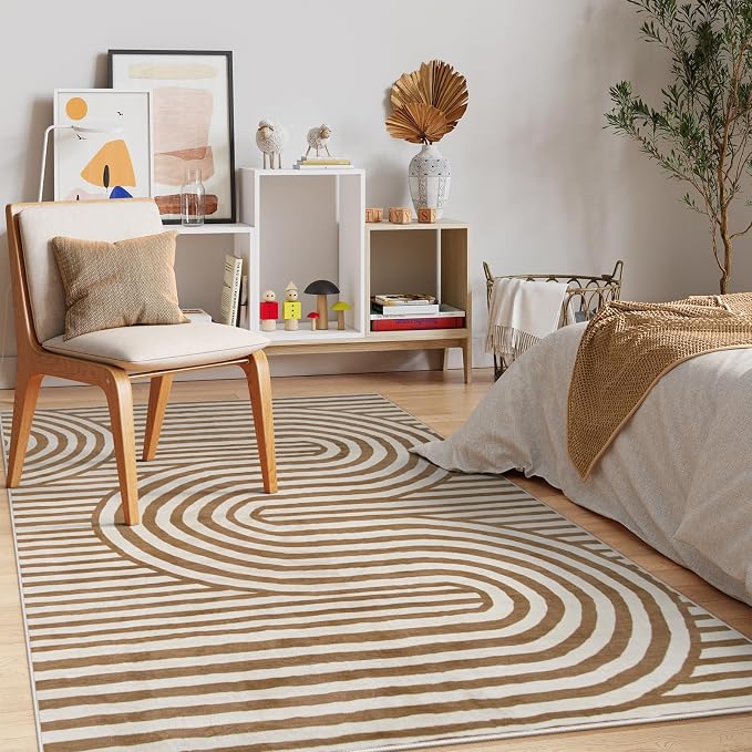Lahome Abstract Area Rugs 5x7,Soft Living Room Rug Nursery Bedroom Rugs | Colorful Playroom Rug Ultra-Thin Stain Resistance Throw Large Carpet for Kids Classroom Dorm Alba (5'X7',Khaki/Orange)