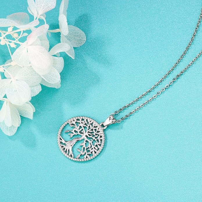 Aniu Tree of Life Necklace for Women, 925 Sterling Silver Mother of Pearl Family Palm Tree Charm Pendant Jewelry for Birthday Christmas Gift