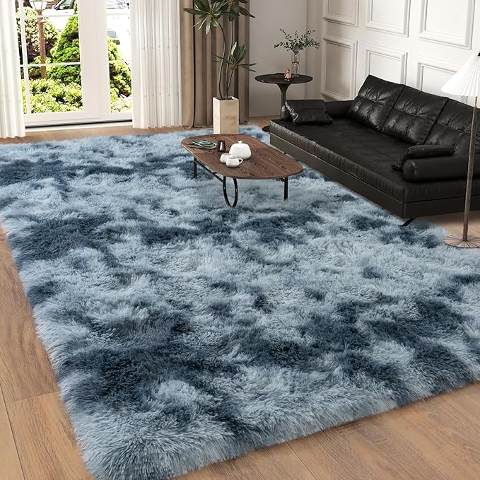5x7 Area Rugs for Living Room, Dark Blue Tie-Dyed Plush Fluffy Carpet | Upgrade Non-Slip Thick Large Blue Area Rug for Nursery Kids Room Dorm Room Home Decor, Indoor Plush Floor Carpet