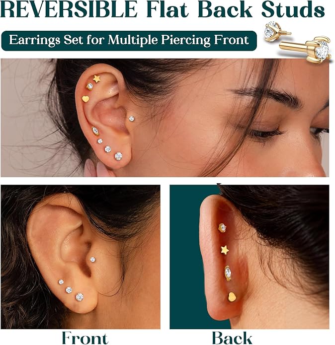 GEMQUEEN Reversible Flat Back Earrings Studs Hypoallergenic - 14K Gold Filled Surgical Steel Earring 18G Cartilage Helix Tragus Conch Piercing Jewelry Extended Internal Thread Earrings for Women Men
