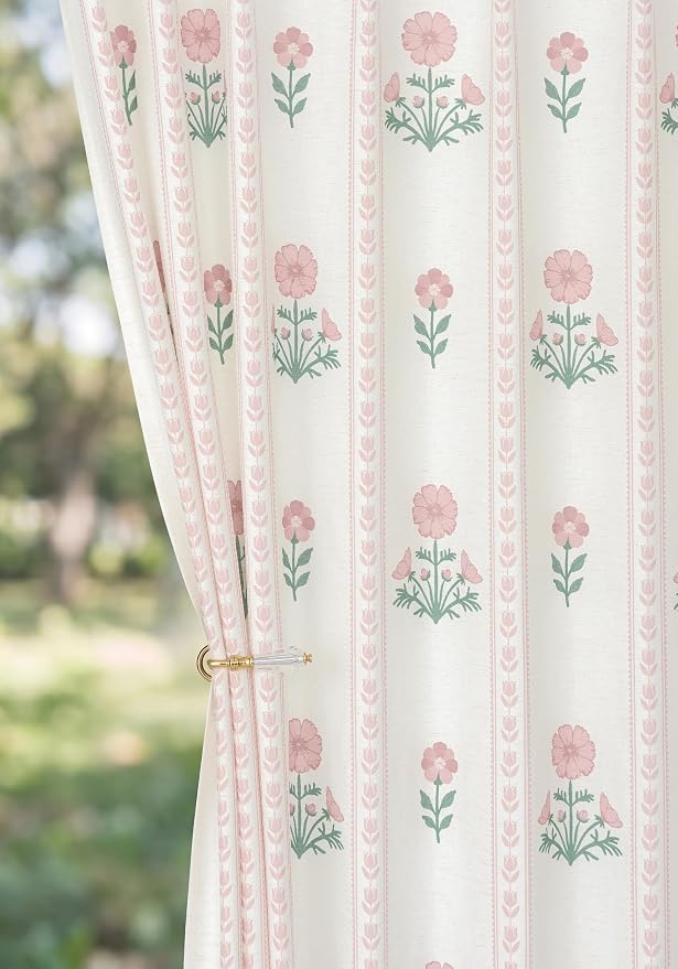 THREE GIRLS Pinch Pleated Light Filtering Linen Blend Floral Block Print Curtains for Girls Room, Nursery, Living Room, Modern Farmhouse, Memory Trained, Hooks, 2 Panels Set, 40"x102", Pink
