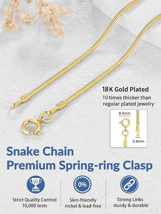 1.5mm Snake Chain 925 Sterling Silver Chain Necklace for Women, 18k Gold Plated Chains for Women Sturdy Women’s Chains Necklace, 16 18 20 22 24 Inch