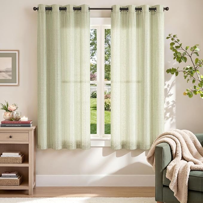 jinchan Linen Curtains 63 Inch Sage Green Stripe on Beige Grommet 2 Panels | Curtains for Living Room Bedroom,Ticking Stripe Pattern,Farmhouse Cottage Core Rustic, Window Treatment,Light Filtering