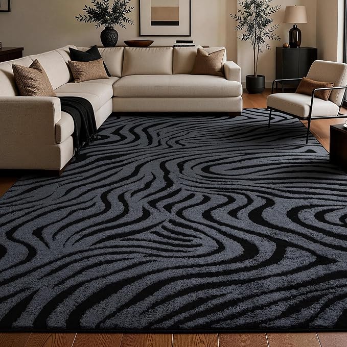 YIHOUSE 6×9 Ft Zebra Area Rugs Black and Grey: Washable Nonslip Plush Soft Rug for Living Room - High-Low Striped Carpet for Bedroom Dining Room Office Playroom Nursery Home Decor