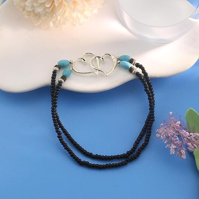 Elastic Beaded Ankle Bracelets for Women Double Heart Layered Stretch Ankle Bracelets Waterproof Dainty Boho Beaded Anklets for Summer Beach Foot Jewelry