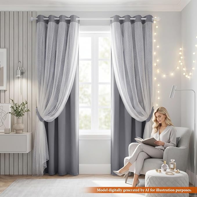 MYSKY HOME 65% Blackout Curtains for Girls Bedroom & Nursery Kids Grey Cute Curtains Double Layer with Polka Dots Sheer, Grommet Tops, 52x84 Inch Each Panel, 2 Panels