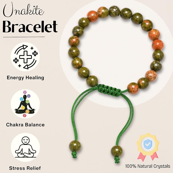 Amazing Gemstone Unakite Bracelet for Women Men's Gifts - Protection Healing Crystal Bracelet - 8mm Gemstone Beaded Adjustable Bracelet