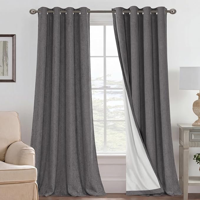 H.VERSAILTEX Blackout Curtains Linen Curtains 120 inches Long 100% Black Out Curtains for Bedroom Windows, Textured Linen Look Draperies Grommet with White Liner, 2 Panels, Grey
