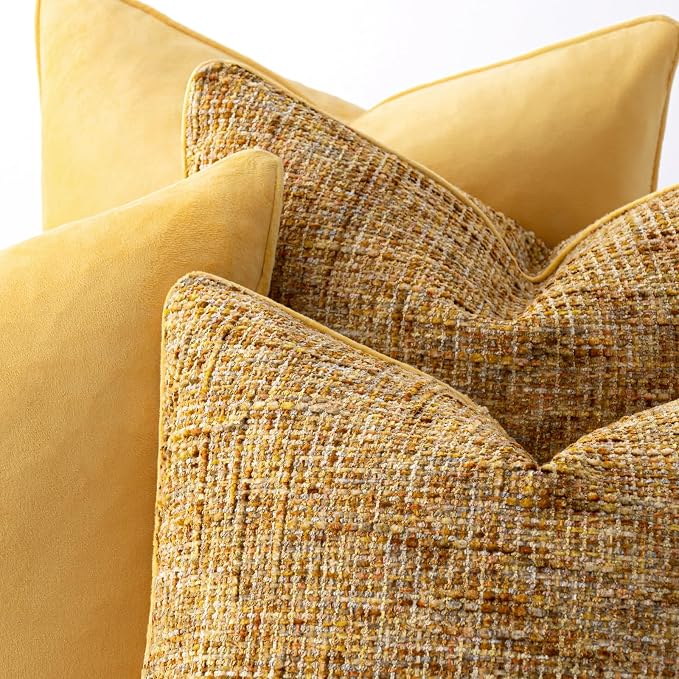 a moment Bright Yellow 4 Pack Throw Pillow Covers - Chenille & Velvet Set with Piping, Farmhouse Textured Design Pillow Cases for Couch Sofa Bed Livingroom (18x18 Inch, No Insert)