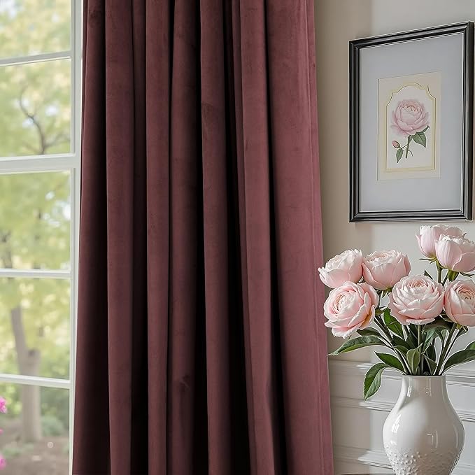 Ruby Wine Velvet Curtains 96 Inches Long for Living Room 2 Panels Light Blocking Energy Efficient Cute Pretty Drape Thick Privacy Nursery Girls Curtain for Bedroom Dining Mauve Plum Colored 96 Length