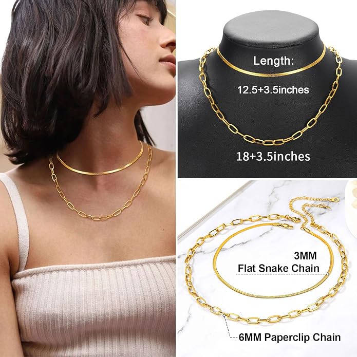 FOCALOOK 14K Gold Plated Necklaces for Women, Fashion Herringbone Choker Necklace Stainless Steel Flat Snake Chain 3/5MM(W) 12.5"/15"/18"+3.5"(L)