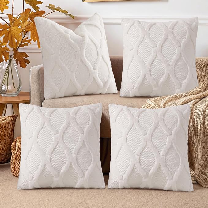 decorUhome Set of 4 Faux Fur Cream White Throw Pillow Covers 20x20 | Neutral Decorative Soft Plush Couch Pillow Covers, Farmhouse Pillow Cases for Living Room Bed Sofa