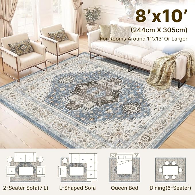 8x10 Area Rug for Living Room-Vintage Farmhouse Boho Floral Washable Stain Resistant Indoor Carpet for Bedroom Office and Home Decor(Floral Blue)