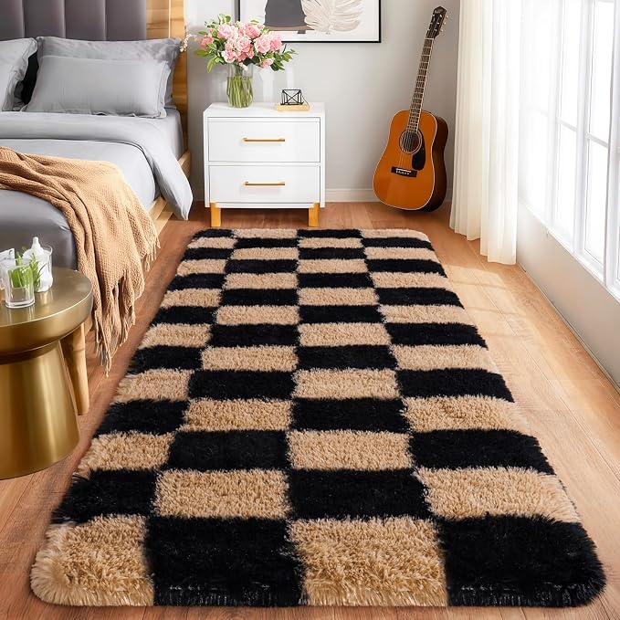 Pionblank Checkered Rug for Bedroom 2x6, Modern Fluffy Runner Rugs for Living Room, Super Soft Shaggy Bedside Carpet for Kids Room Nursery Teens Dorm Decor, Black and Beige