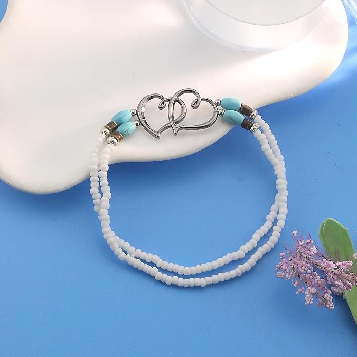 Elastic Beaded Ankle Bracelets for Women Double Heart Layered Stretch Ankle Bracelets Waterproof Dainty Boho Beaded Anklets for Summer Beach Foot Jewelry