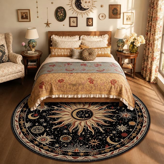 Vacuum-Friendly, Round 8ft Washable Area Rug, Black Gold Beige Red | Sun and Moon Boho Gothic Non-Slip Low Pile Living Roon Bedroom Dining Room Kitchen Entry Entryway Entrance Hallway Doormat
