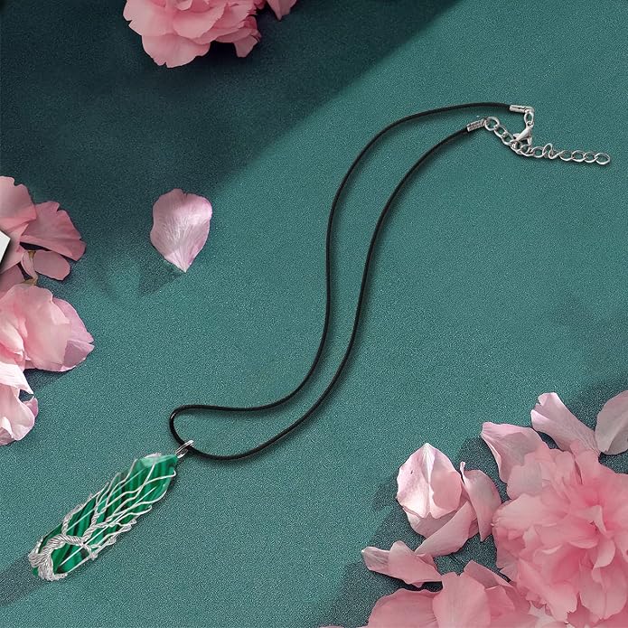 VIBILIA Healing Crystal Necklace Tree of Life Wire Wrapped Natural Stone Point Pendant Necklace Hexagonal Reiki Spiritual Quartz Gemstone Jewelry for Women Men