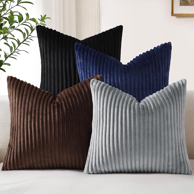 decorUhome Flannel Neutral Grey Throw Pillow Covers 18X18 Set of 4 | Decorative Fall Soft Fluffy Striped Double-Sided Couch Pillow Covers, Modern Farmhouse Pillow Cases for Sofa bed Home Decor