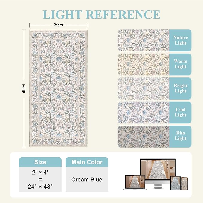 DUKINO 2x4 Rug, Washable Vintage Floral Entryway Rug Non Slip, Cream Blue | Low Pile, Non-Shedding, Stain Resistant Boho Lightweight Soft Indoor Carpet for Kitchen Bathroom Hallway Laundry Farmhouse