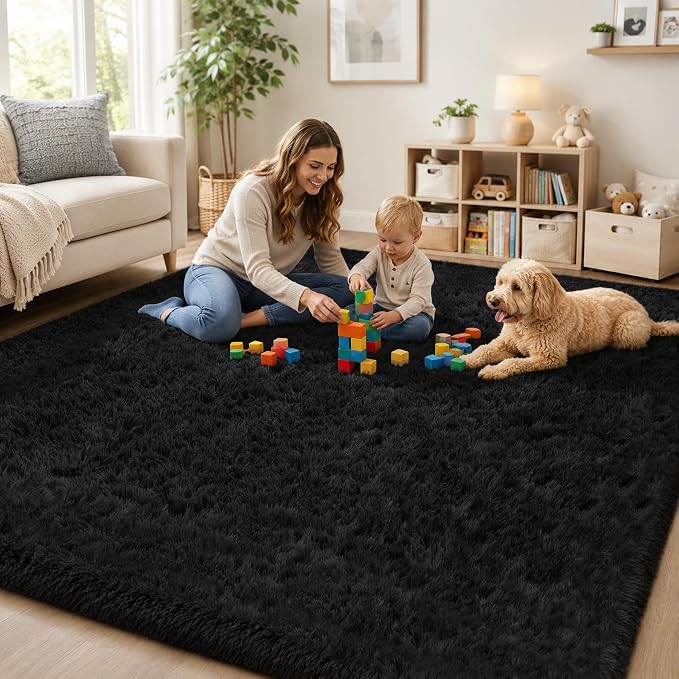 Area Rug for Living Room Bedroom: 9x12 Black Soft Fluffy Shag Upgrade Non-Slip High Pile Carpet Large Fuzzy Plush Indoor Floor Decor Shaggy Rug for Kid Boys Girls Dorms Playroom Nursery Modern Home