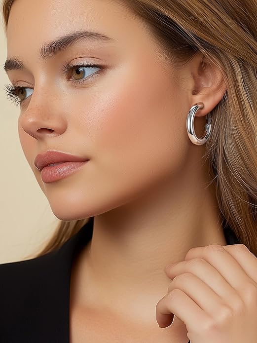 Stainless Steel Chunky Hoop Earrings For Women, Minimalist and Chic, Black/Gold Plated, Round Hoops Earrings Hypoallergenic, Size: 30mm/40mm/60mm/80mm, Come with Box