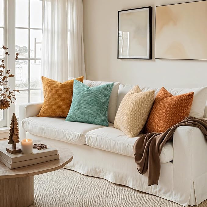 MIULEE Pack of 4 Orange/Teal Couch Throw Pillow Covers 18x18 Inch Yellow Green Soft Decorative Chenille Pillows Farmhouse Accent Cushions for Boho Fall Home Decor Sofa Bedroom Living Room