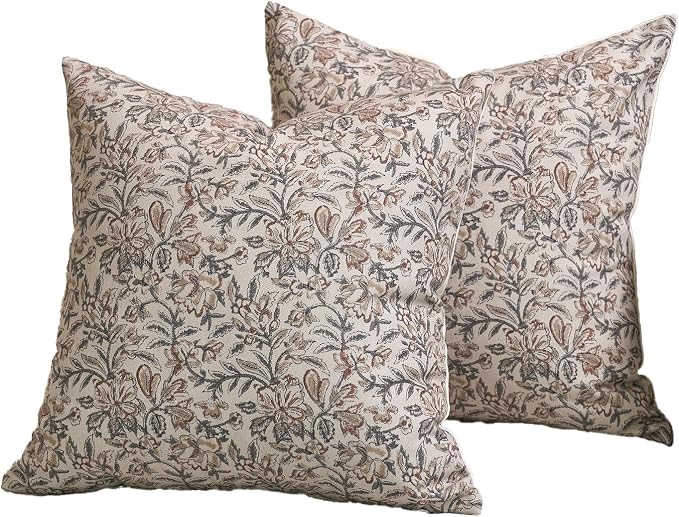 Amor Virisso Floral Throw Pillow Covers 20x20 Set of 2 Vintage Block Print Pillow Covers Decorative Pillow Covers Couch Pillows for Living Room Farmhouse Accent Sofa Pillows, Green/Sand
