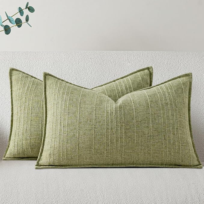 a moment Linen Pillow Covers Set of 2,Boho Farmhouse Throw Pillowcases Neutral Textured Decorative Covers for Couch Sofa,Linen Blend Accent Case Cushion Living Room Home Decor 20"x12"Seeding Green