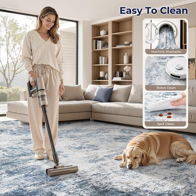 DMOYEST 10x12 Area Rug for Living Room, Washable & Non Slip Large Indoor Carpet, Kid & Pet Friendly Soft Thin Low Pile Abstract Rug for Bedroom and Office - Blue