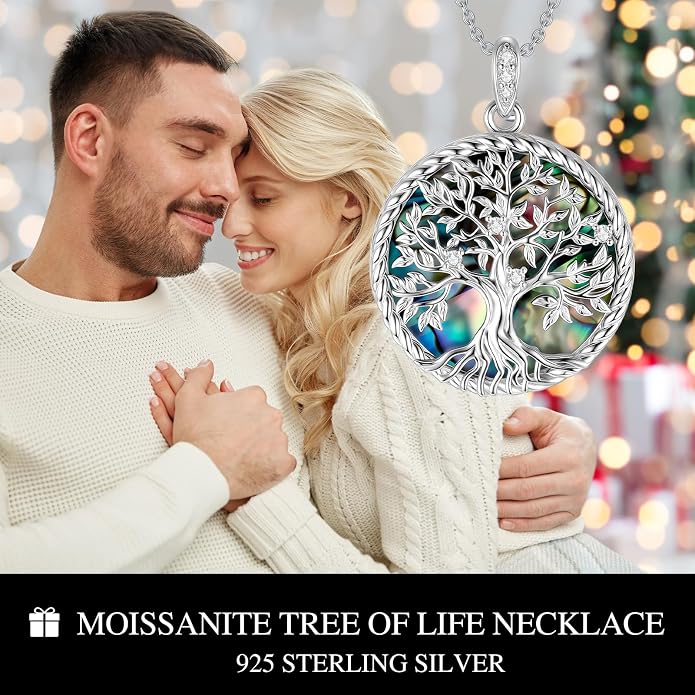 Tree of Life Moissanite Necklace, 925 Sterling Silver 0.5 Carat Moissanite Abalone Shell/Opal/Black Onyx/Turquoise/Malachite/Tiger Eye Stone Tree of Life Pendant Necklaces Jewelry Gift for Women Mom